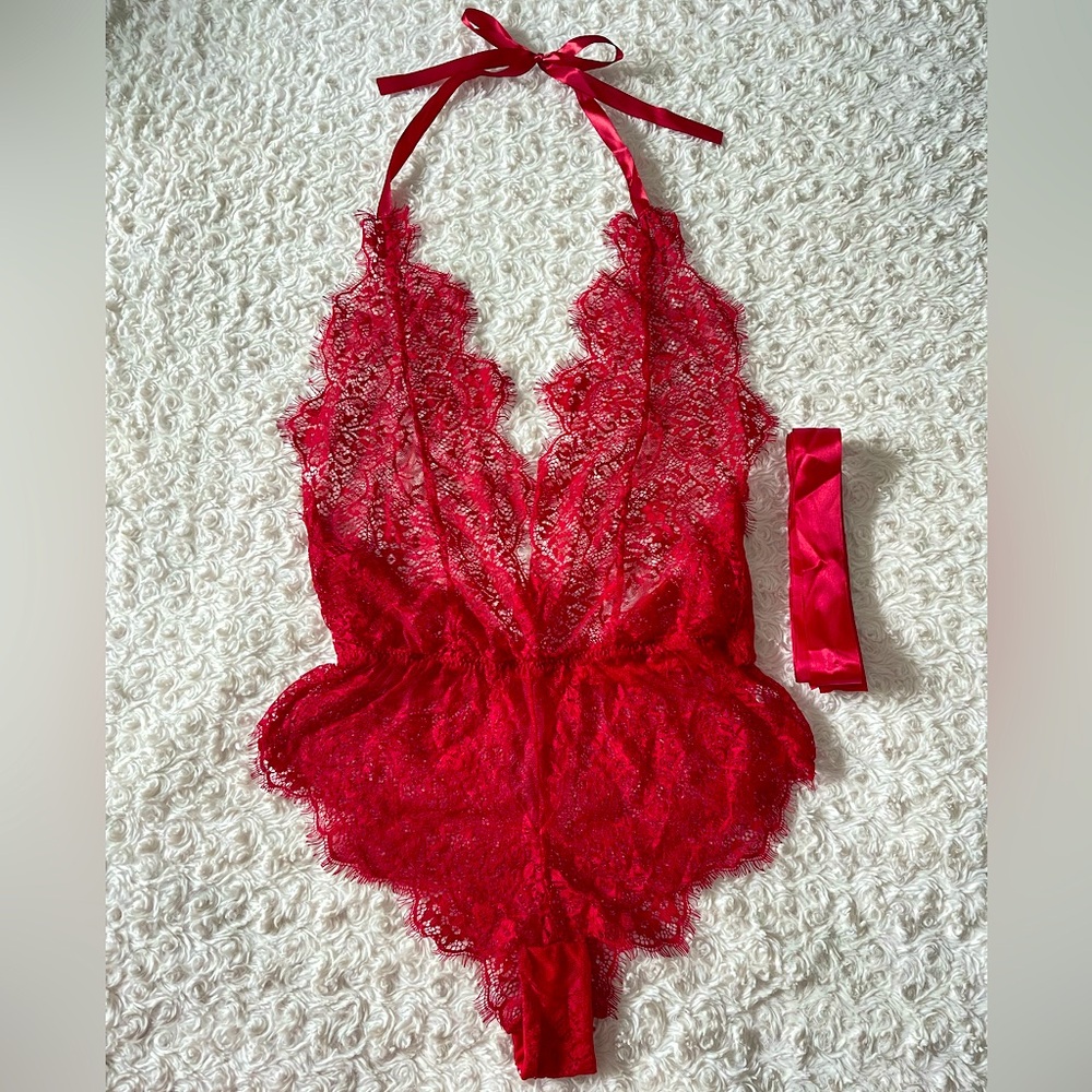 NWOT Red Sexy Wedding Honeymoon Sheer Lace Teddy Bodysuit Lingerie Sz L/XL